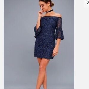 43 NWT BB Dakota Danlyn Navy Blue Lace Off-the-Shoulder Dress!